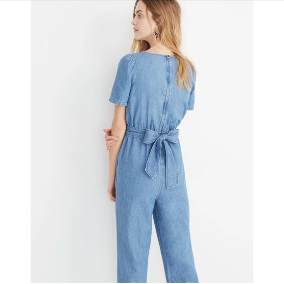 Madewell Blue Chambray Denim Puff-Sleeve Tapered Jumpsuit *Missing Sash Size 4 - Picture 2 of 13